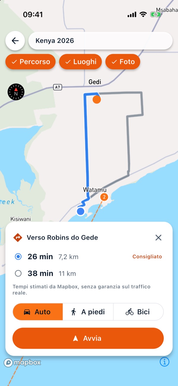 Schermata di «Come arrivare» verso Robins do Gede: 26 minuti in auto, 7,2 km, con alternativa e scelta tra auto, a piedi e bici.